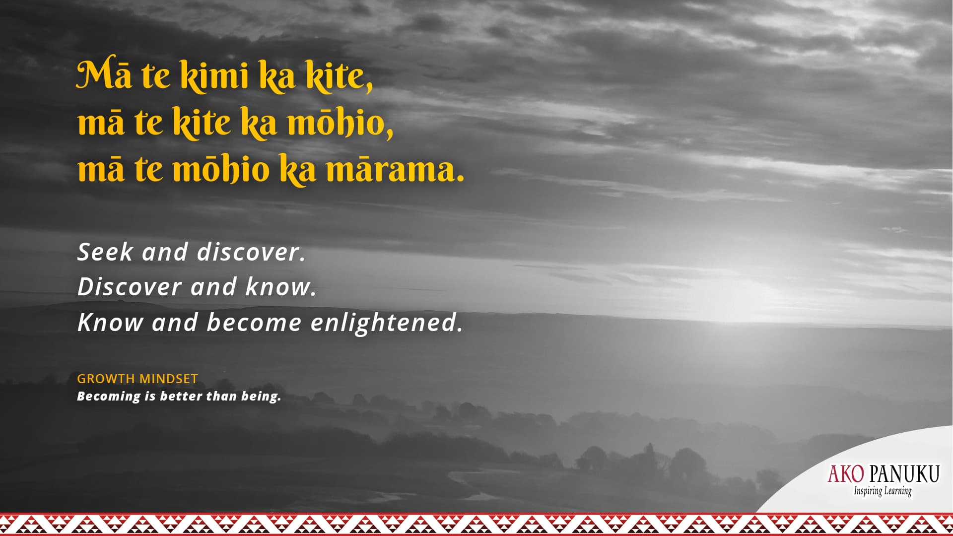 “Mā te kimi ka kite, mā te kite ka mōhio, mā te mōhio ka mārama.” A virtual background to add to your online classroom profile. Black and white.