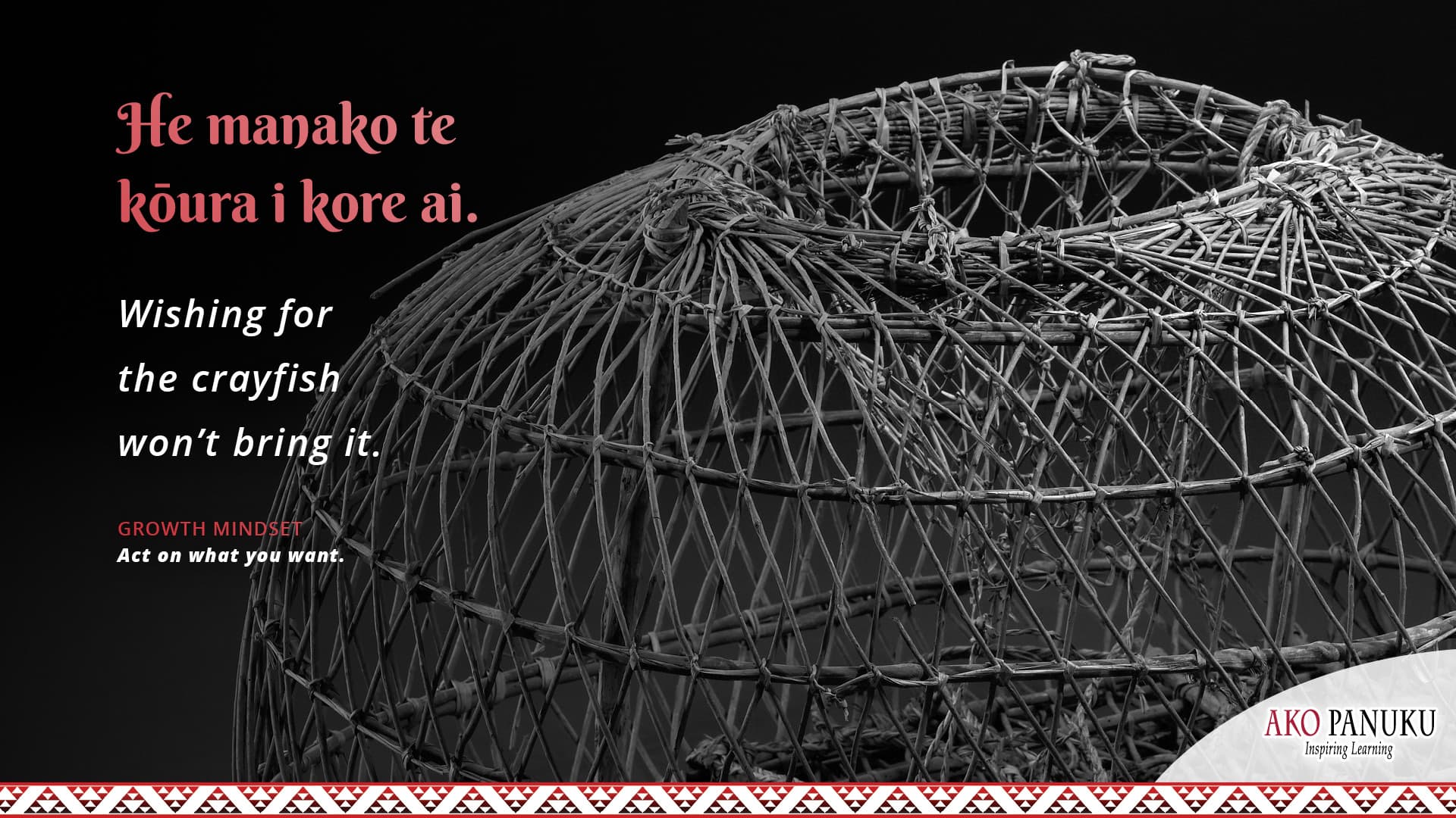 “He manako te kōura i kore ai.” A virtual background to add to your online classroom profile. Black and white.